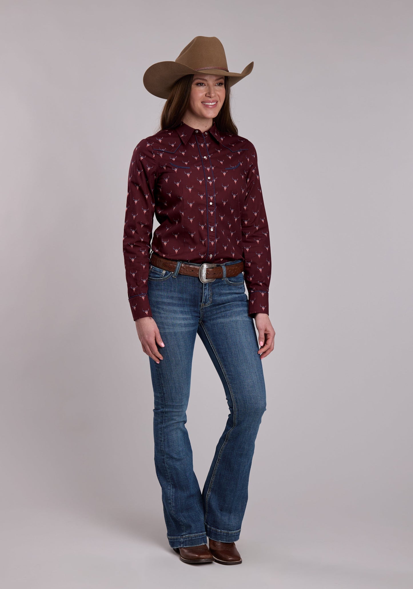 Womens Roper Skull Print Long Sleeve Snap Shirt