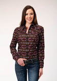 Roper Womens Long Sleeve Snap Red Aztec Horizontal Stripe Western Shirt - Roper