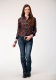 Roper Womens Long Sleeve Snap Red Aztec Horizontal Stripe Western Shirt - Roper