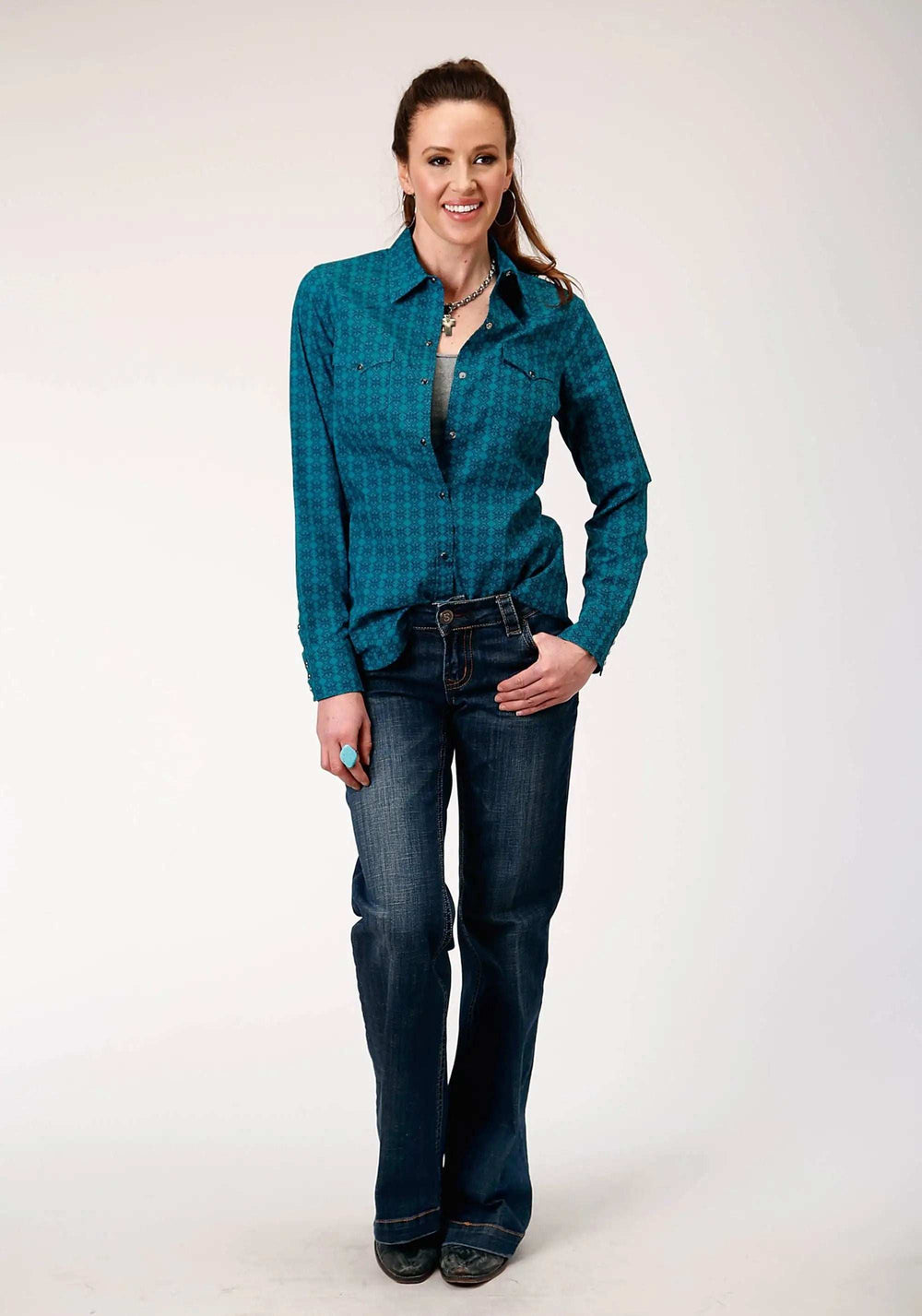 Roper Womens Long Sleeve Snap Tiles Print Western Shirt - Roper - Flyclothing LLC