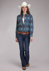Roper Womens Horizontal Navajo Aztec Print Long Sleeve Snap Western Shirt