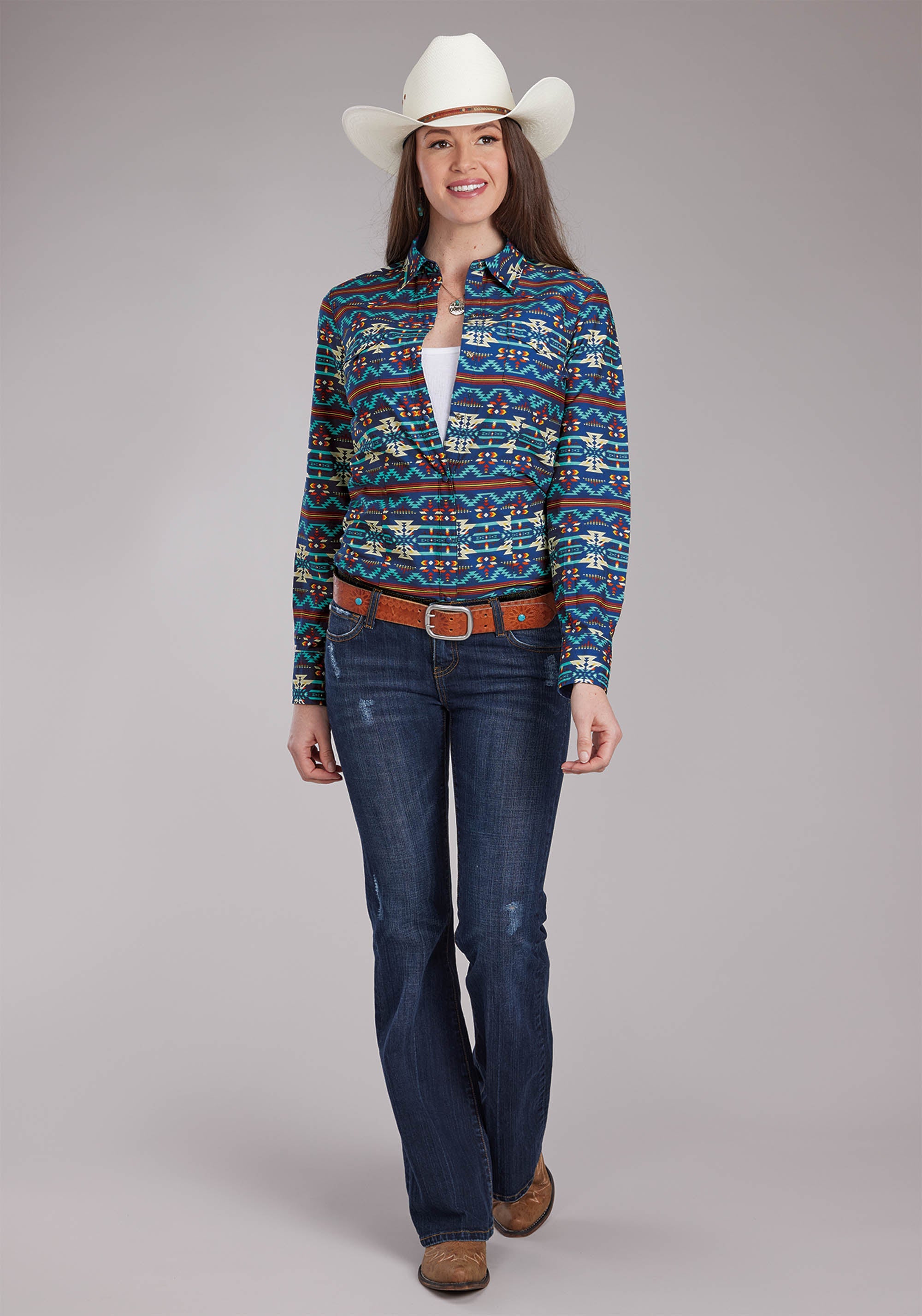 Roper Womens Horizontal Navajo Aztec Print Long Sleeve Snap Western Shirt