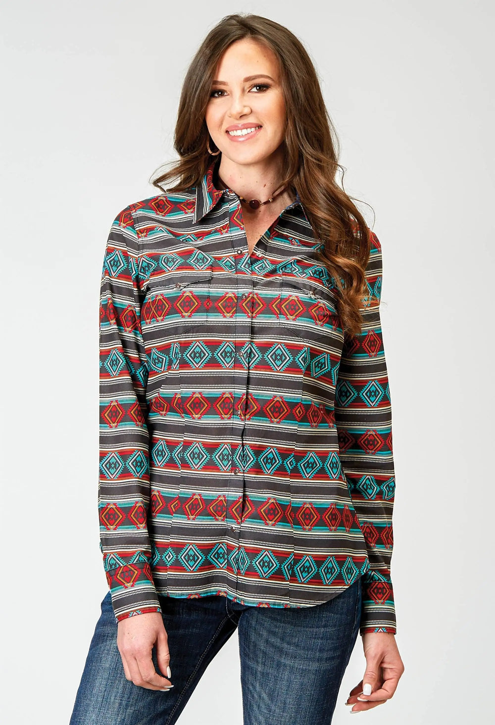 Roper Womens Long Sleeve Snap Aztec Stripe Print Western Shirt - Roper