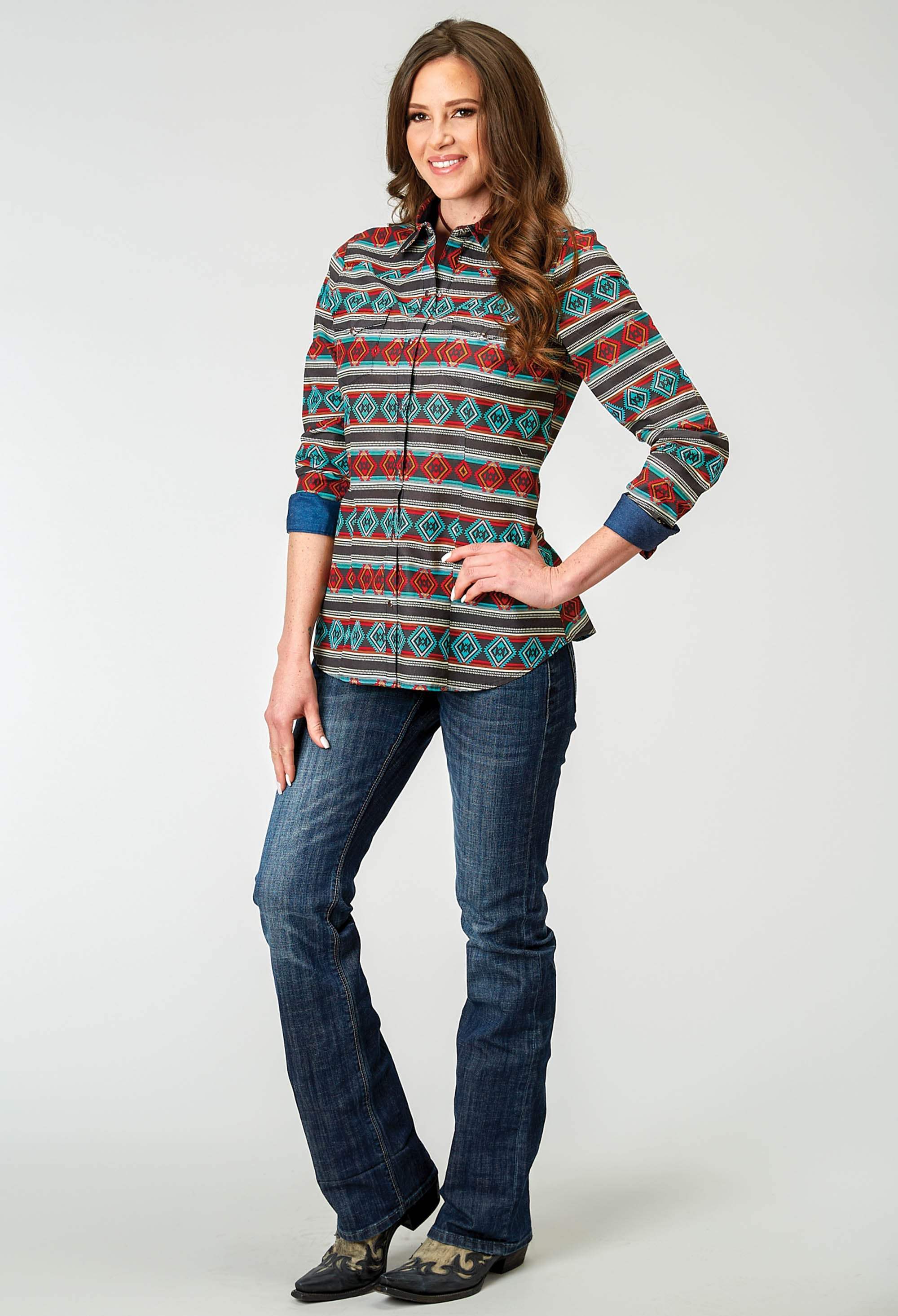 Roper Womens Long Sleeve Snap Aztec Stripe Print Western Shirt - Roper - Flyclothing LLC