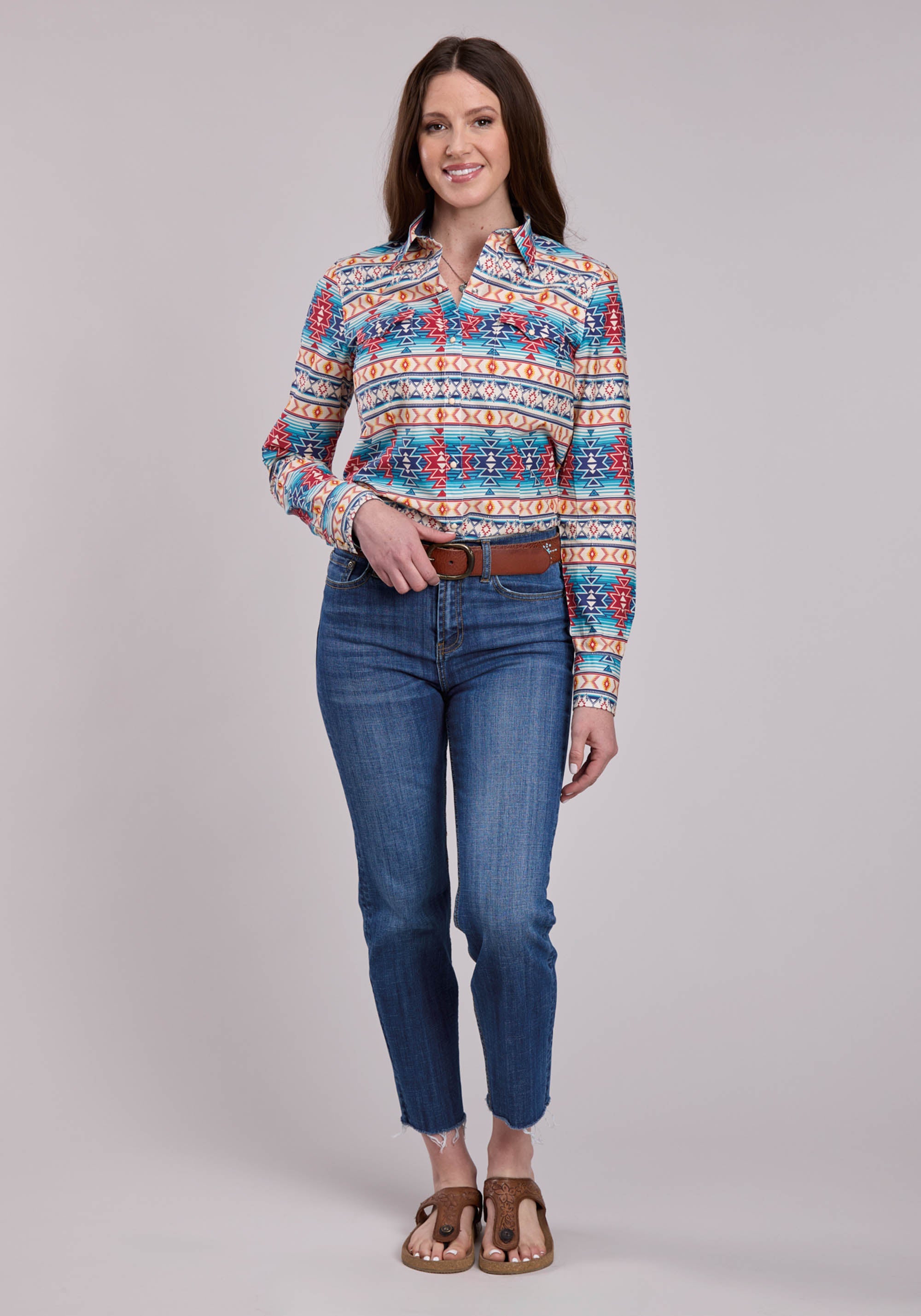 Womens Roper Horizontal Aztec Blanket Stripe Long Sleeve Snap Shirt