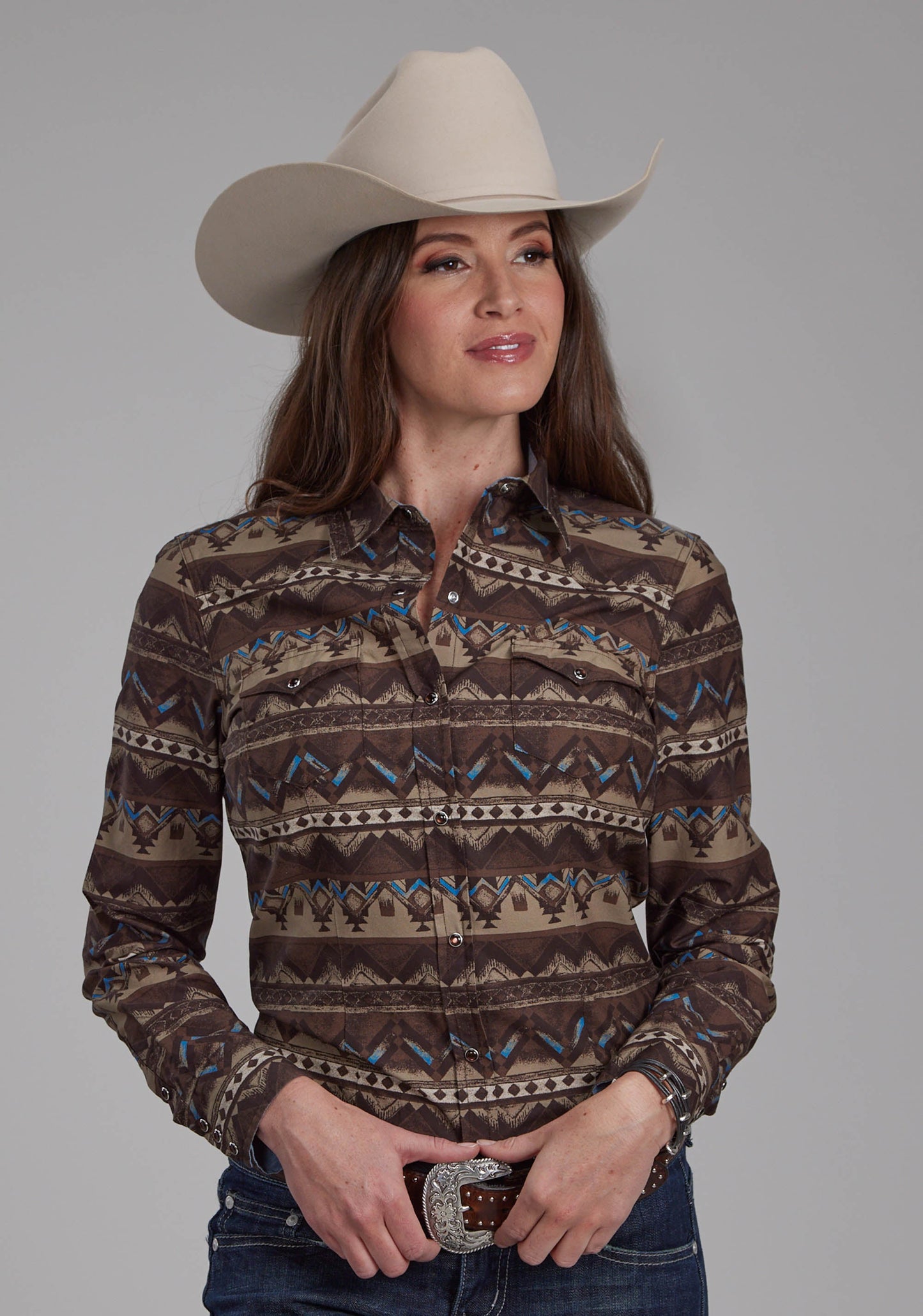 Roper Womens Distressed Aztec Print Long Sleeve Snap Western Shirt
