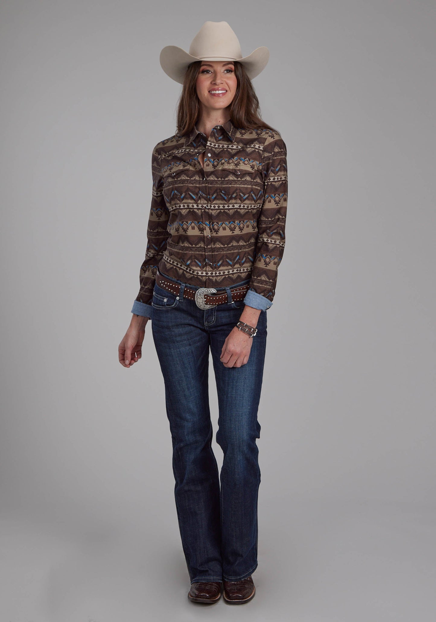 Roper Womens Distressed Aztec Print Long Sleeve Snap Western Shirt