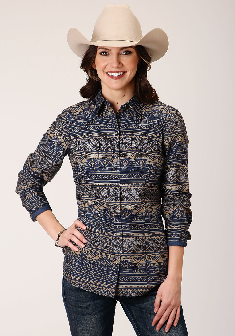 Roper Womens Long Sleeve Snap Navy Horizontal Aztec Stripe Western Shirt - Roper