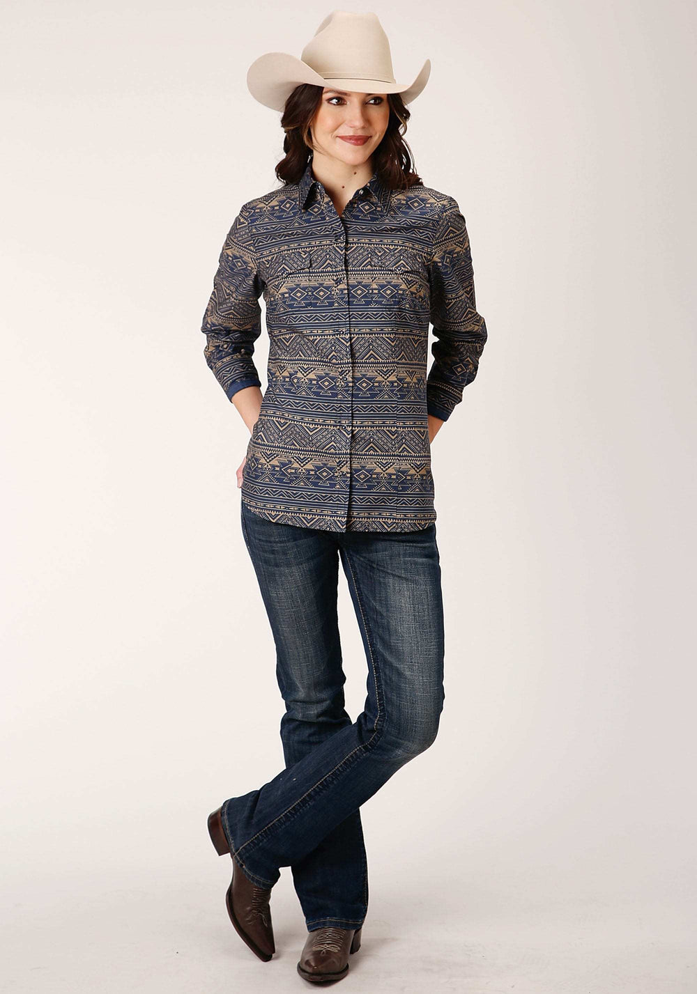 Roper Womens Long Sleeve Snap Navy Horizontal Aztec Stripe Western Shirt - Roper - Flyclothing LLC