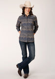 Roper Womens Long Sleeve Snap Navy Horizontal Aztec Stripe Western Shirt - Roper