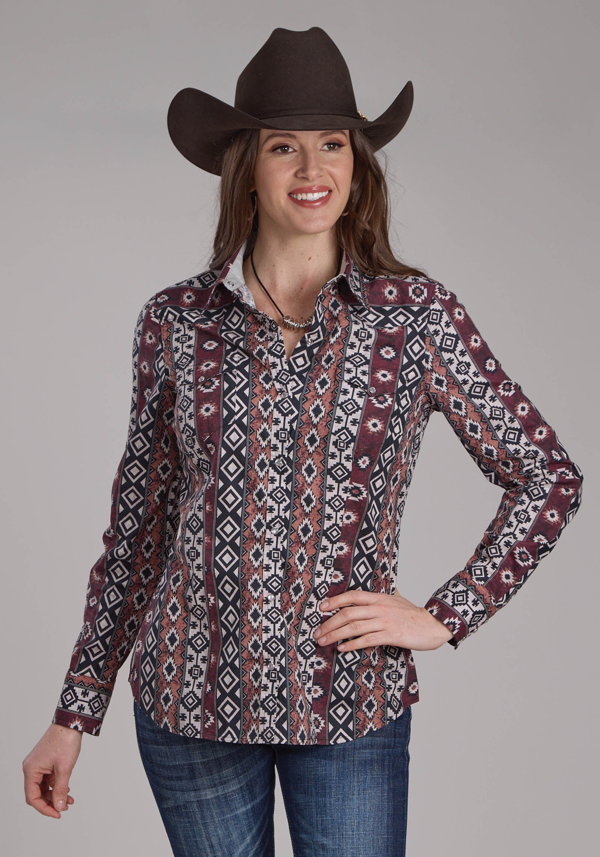 Roper Womens Winter Aztec Print Long Sleeve Snap Western Shirt