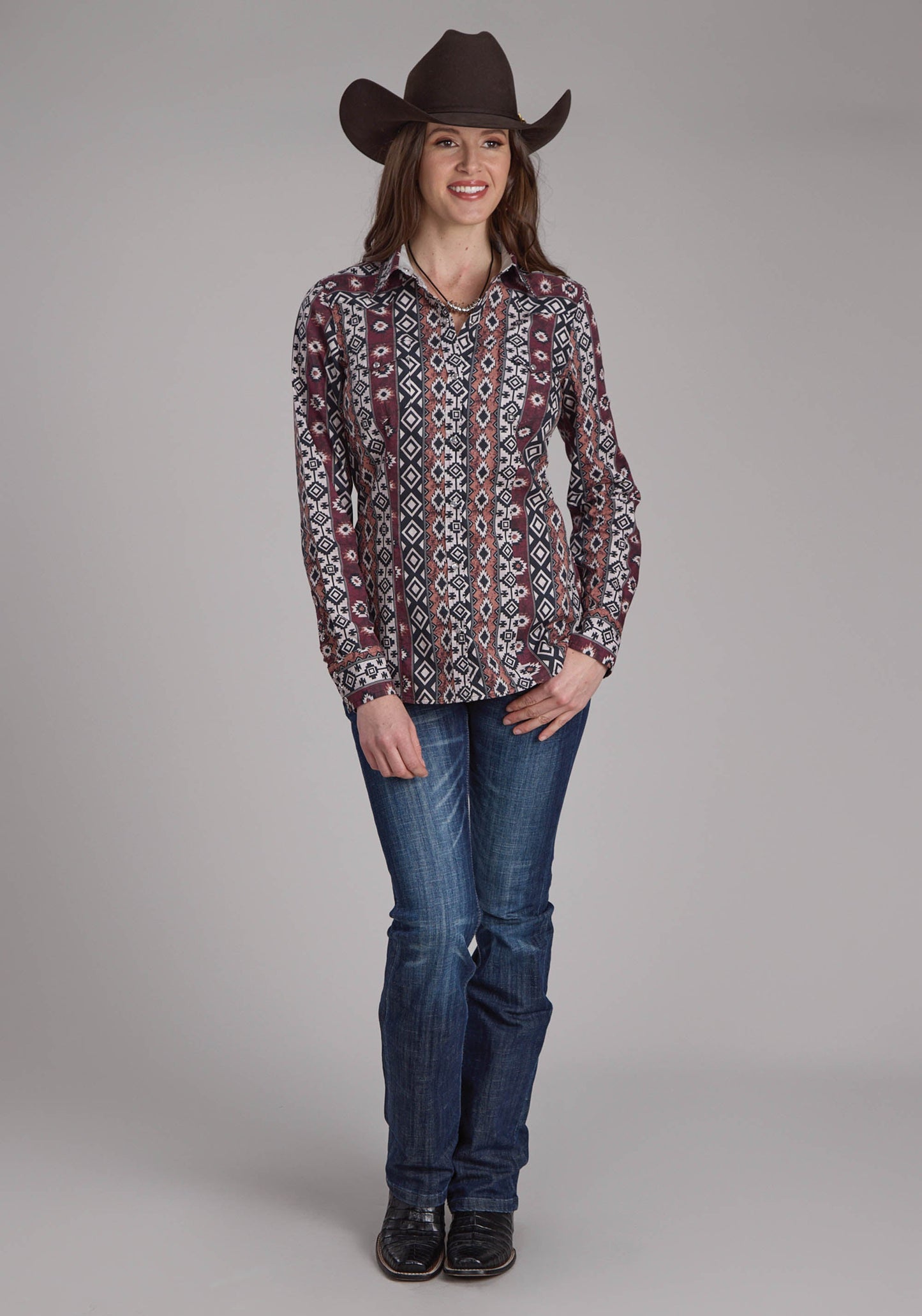 Roper Womens Winter Aztec Print Long Sleeve Snap Western Shirt