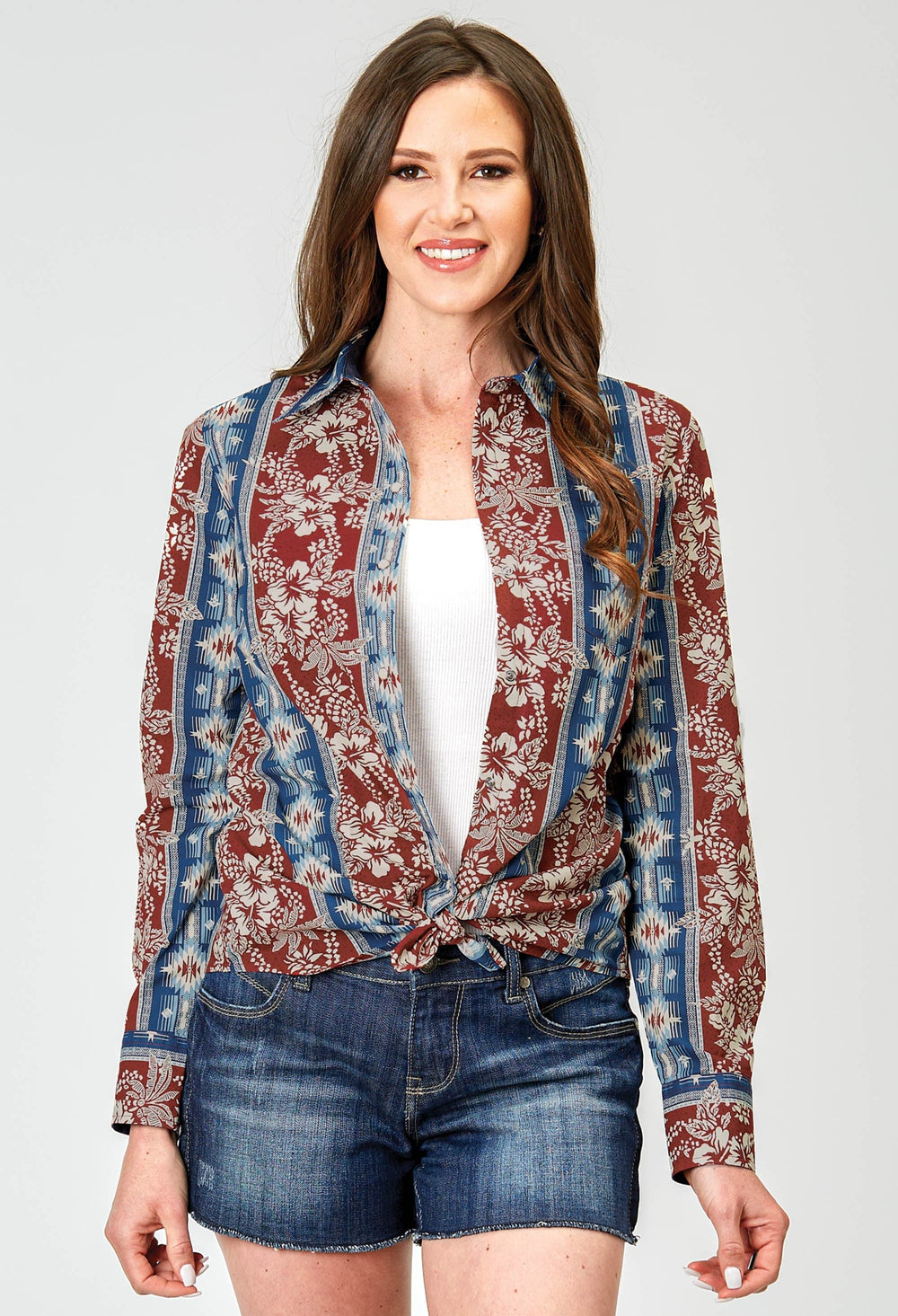 Roper Womens Long Sleeve Button Vertical Tropical Aztec Western Shirt - Roper