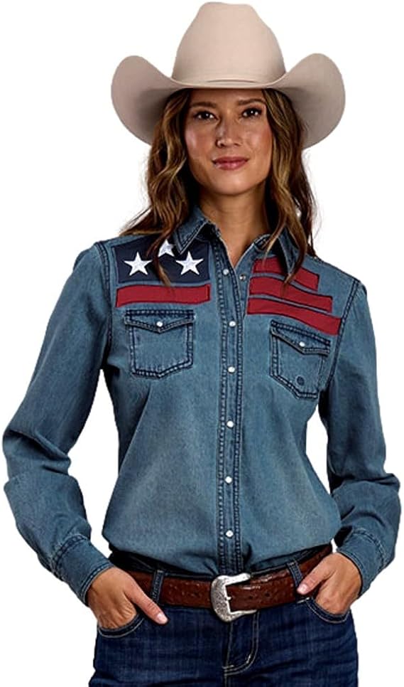 Womens Roper Medium Blue Denim Long Sleeve Snap Flag Shirt