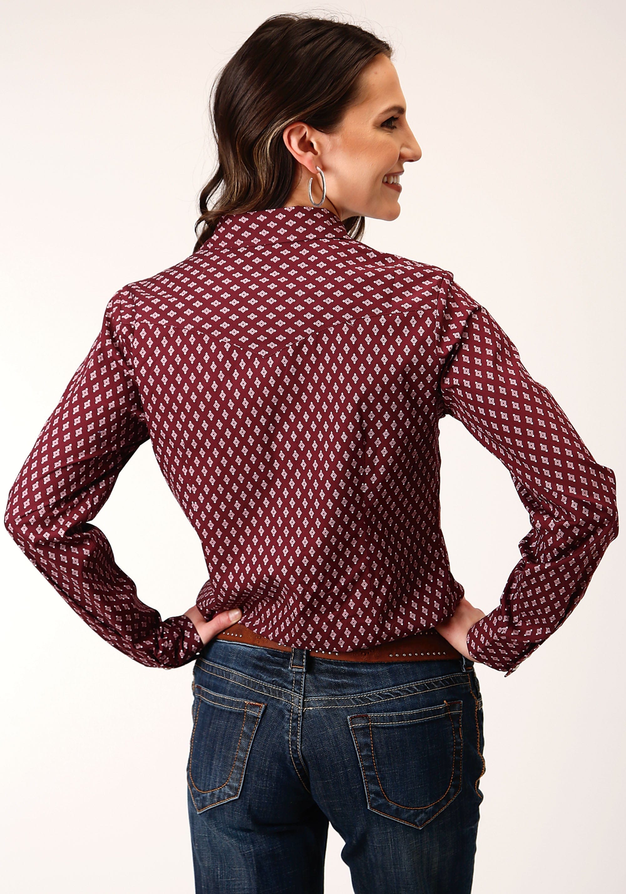 Roper Womens Long Sleeve Snap Point Diamonds  Wine Western Shirt - Roper