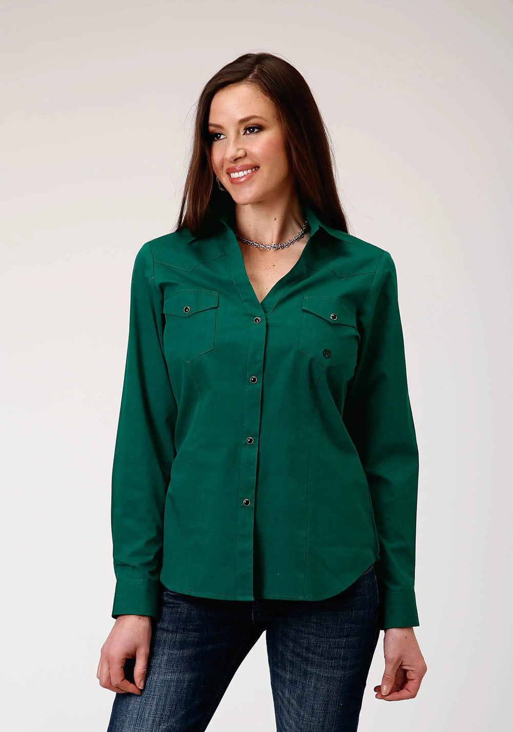 Roper Womens Long Sleeve Snap Black Fill Solid Green Western Shirt - Roper