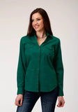 Roper Womens Long Sleeve Snap Black Fill Solid Green Western Shirt - Roper