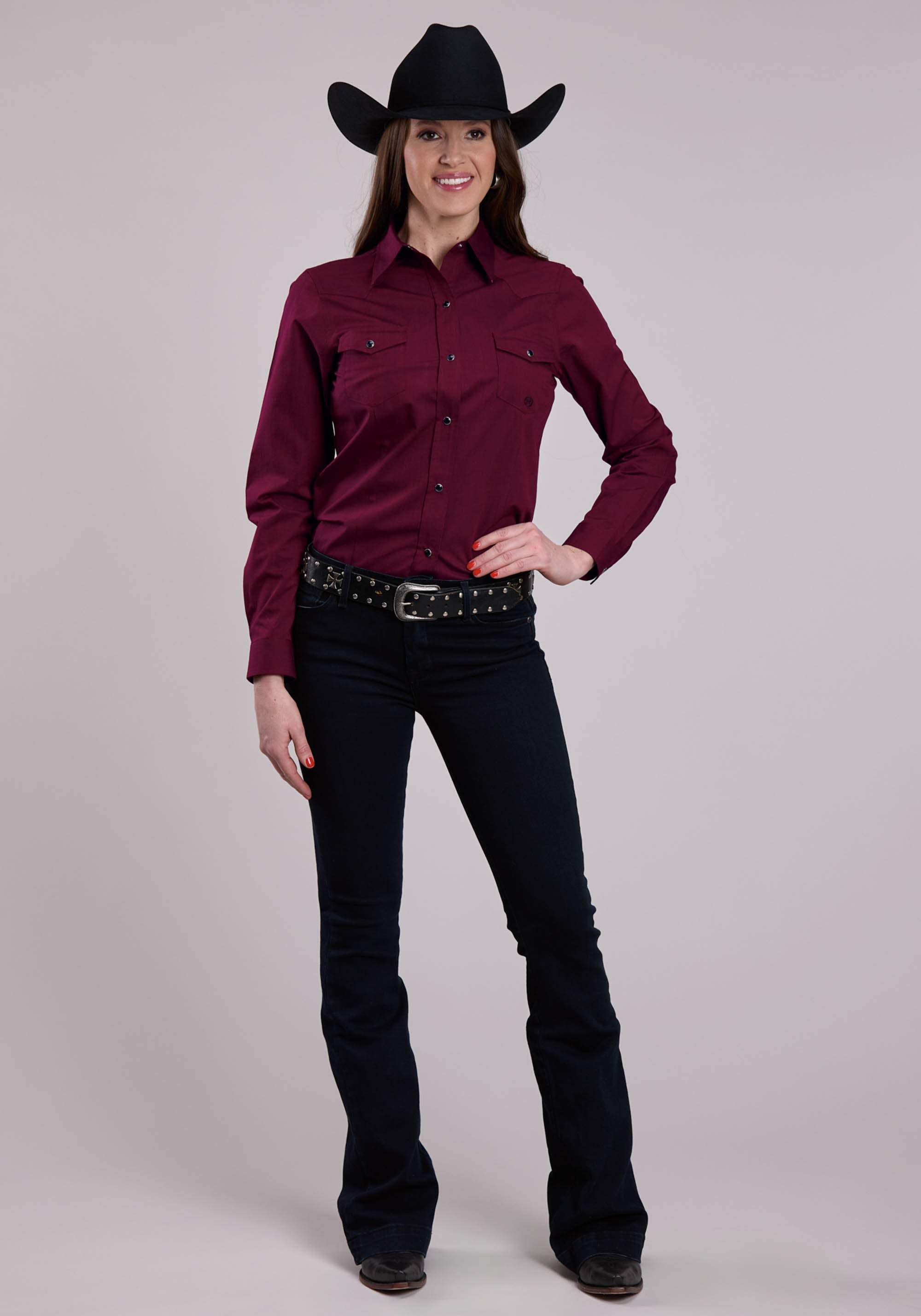 Roper Womens Long Sleeve Snap Black Fill - Wine Western Shirt - Roper - Flyclothing LLC