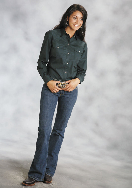 Roper Womens Green Solid Long Sleeve Western Snap Shirt - Roper