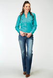 Roper Womens Long Sleeve Snap Solid Poplin Stretch Turquoise Western Shirt - Roper