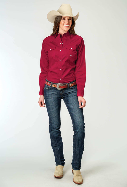 Roper Womens Long Sleeve Snap Solid Poplin Stretch Red Western Shirt - Roper - Flyclothing LLC
