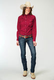 Roper Womens Long Sleeve Snap Solid Poplin Stretch Red Western Shirt - Roper