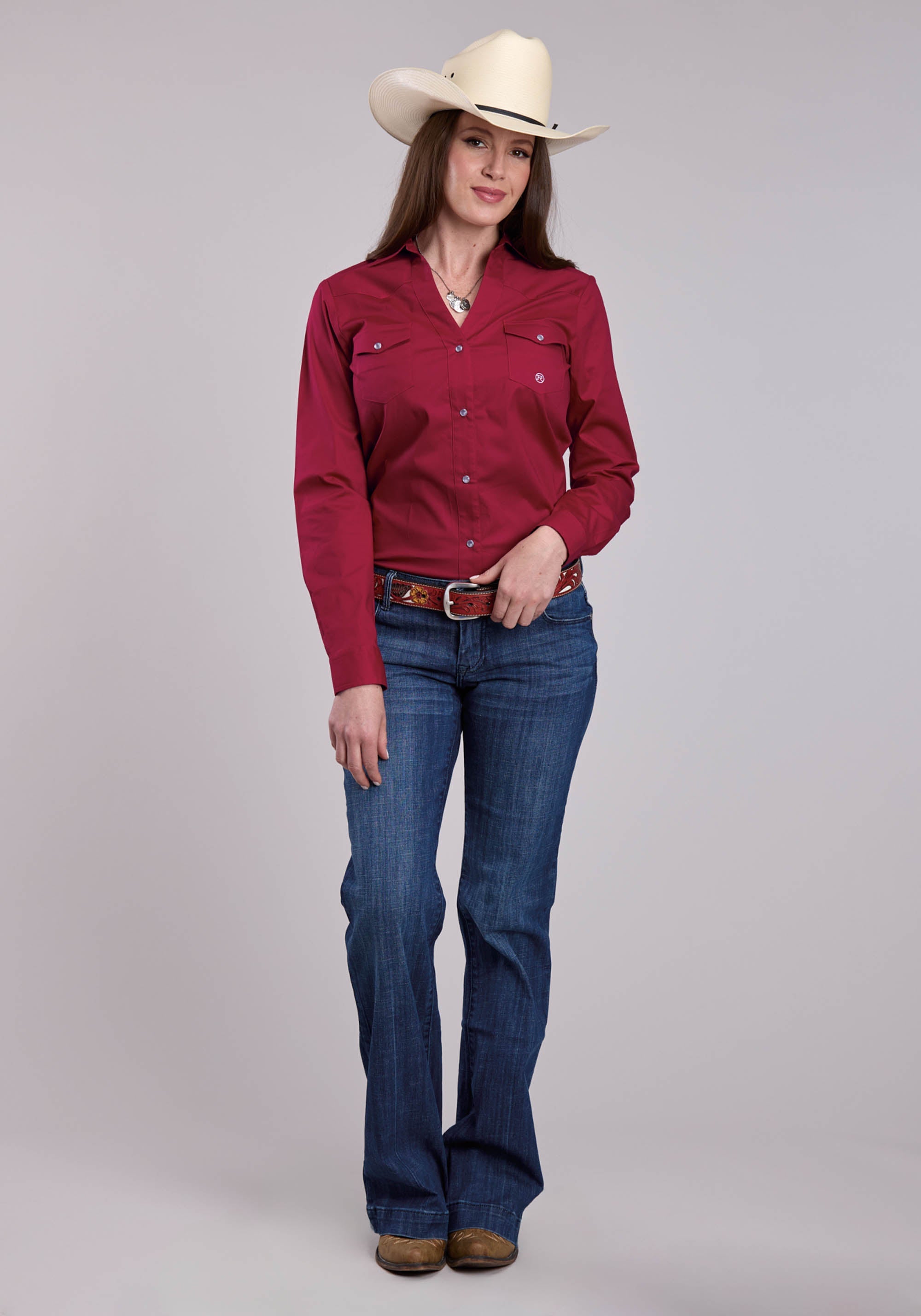 Womens Roper Solid Stretch Poplin Red Long Sleeve Snap Shirt