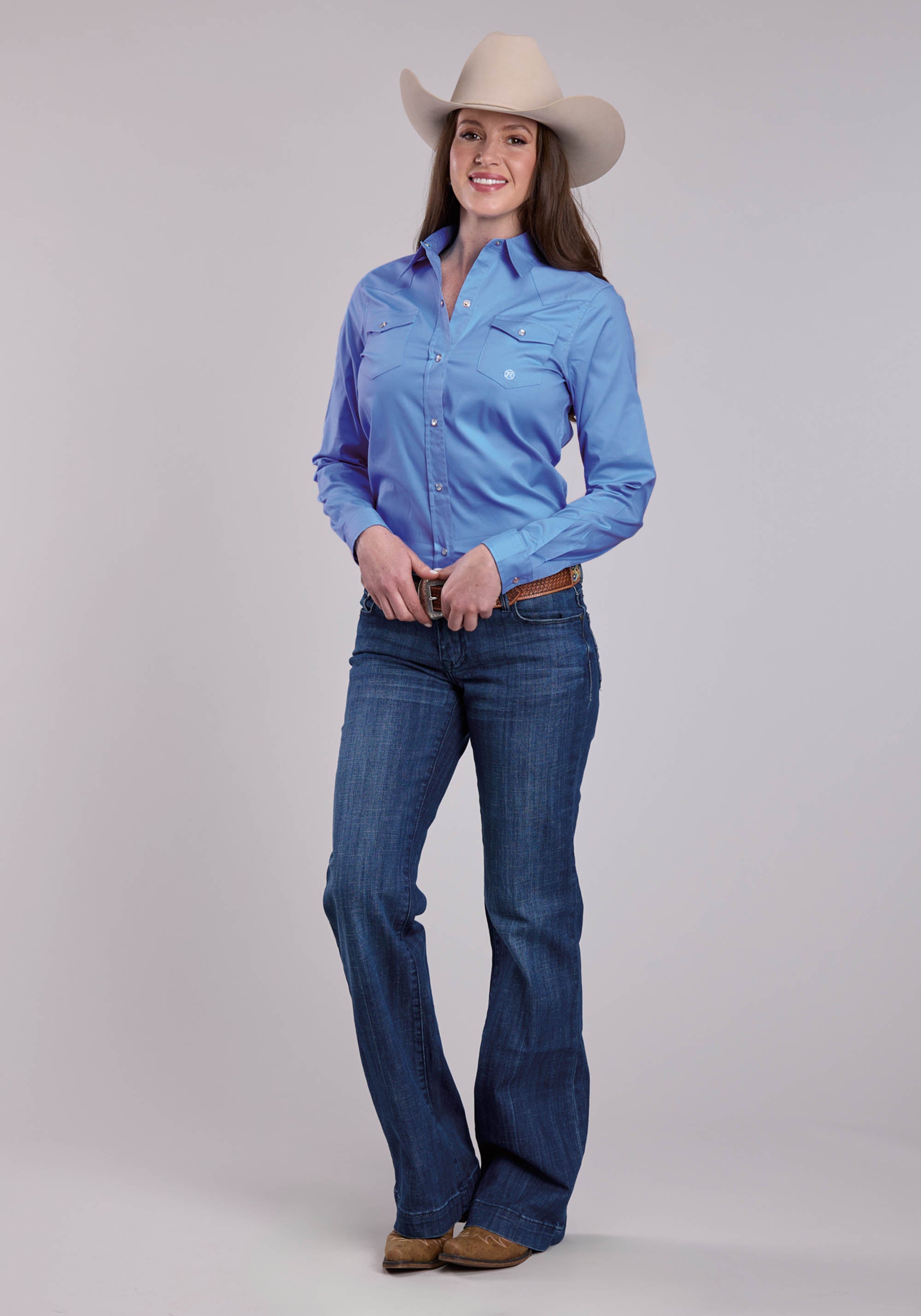 Womens Roper Solid Stretch Poplin Blue Long Sleeve Snap Shirt
