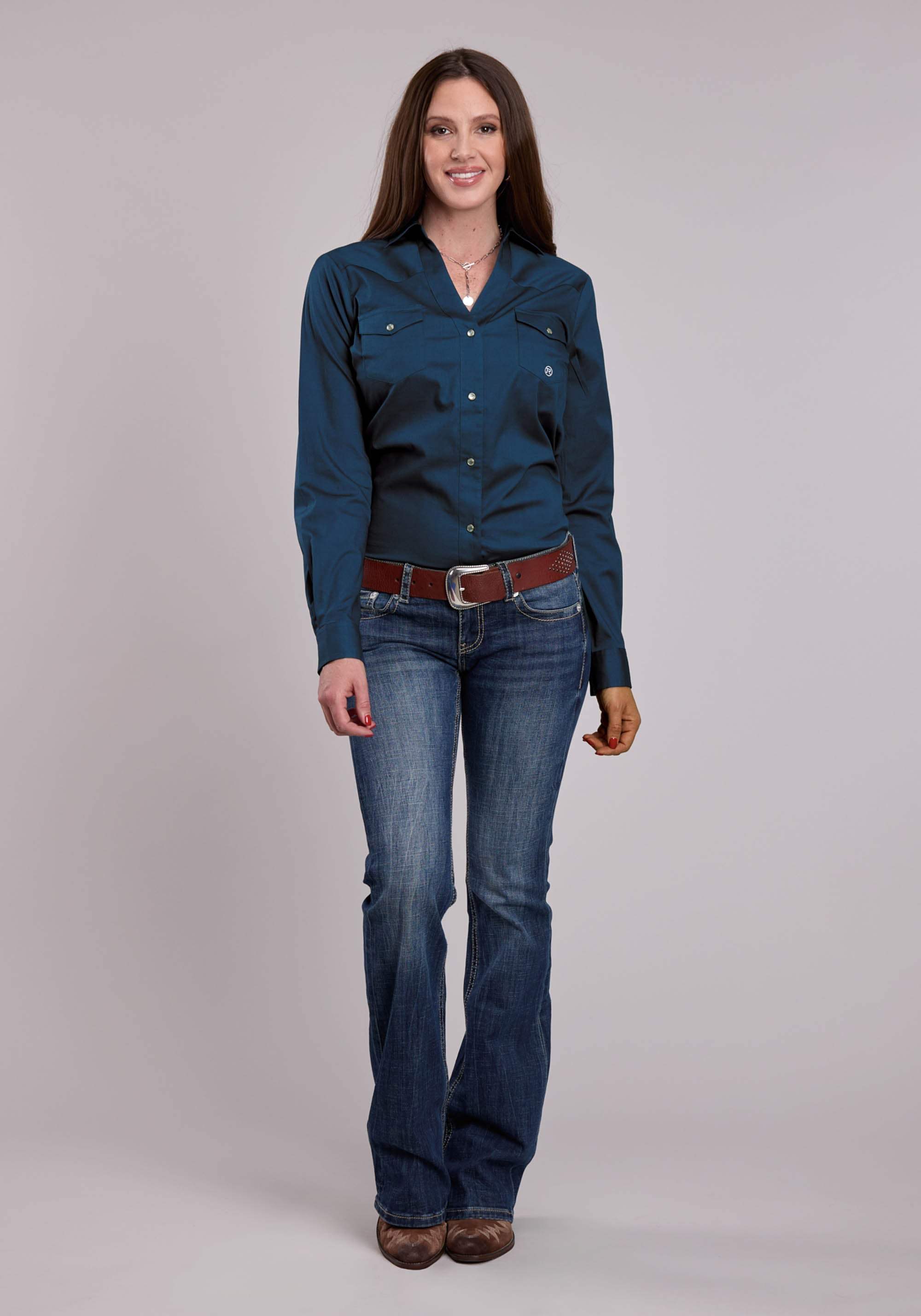 Womens Roper Solid Stretch Poplin Navy Long Sleeve Snap Shirt - Roper - Flyclothing LLC