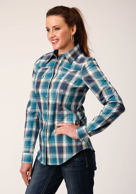 Roper Womens Long Sleeve Snap Blueberry Plaid Western Shirt - Roper