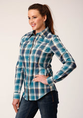 Roper Womens Long Sleeve Snap Blueberry Plaid Western Shirt - Roper