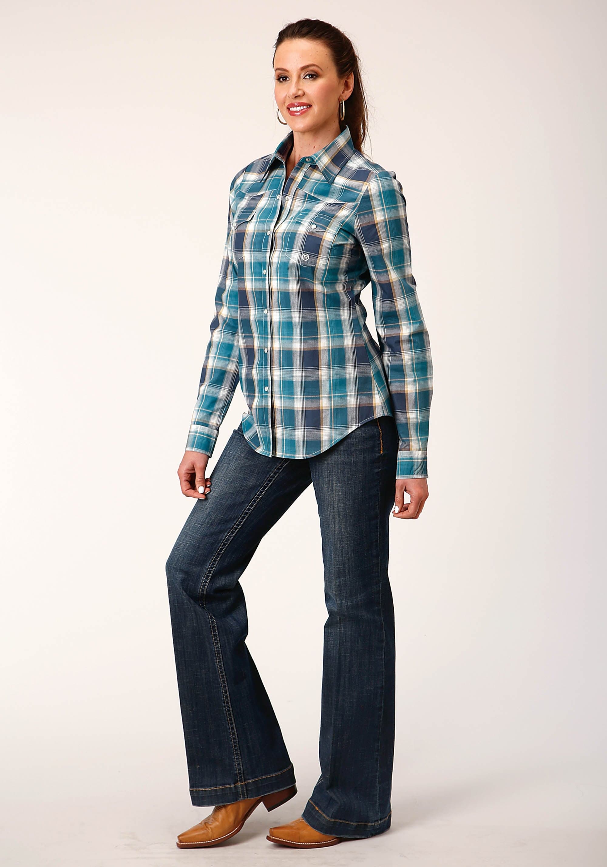 Roper Womens Long Sleeve Snap Blueberry Plaid Western Shirt - Roper