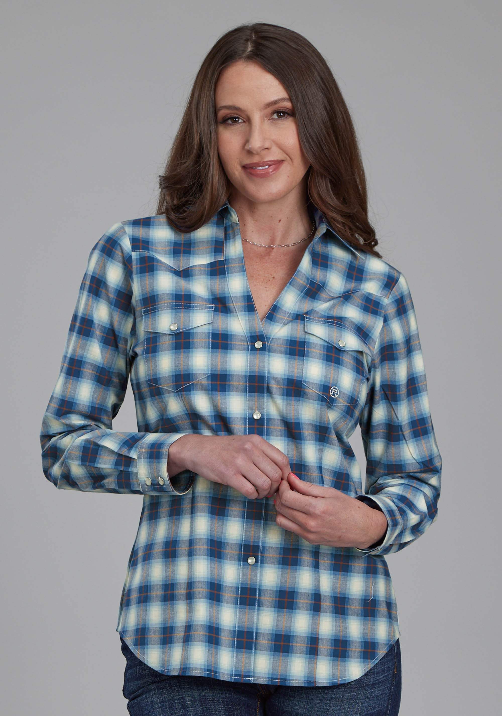 Roper Womens Stretc Plaid - Blue Long Sleeve Snap Western Shirt - Roper - Flyclothing LLC