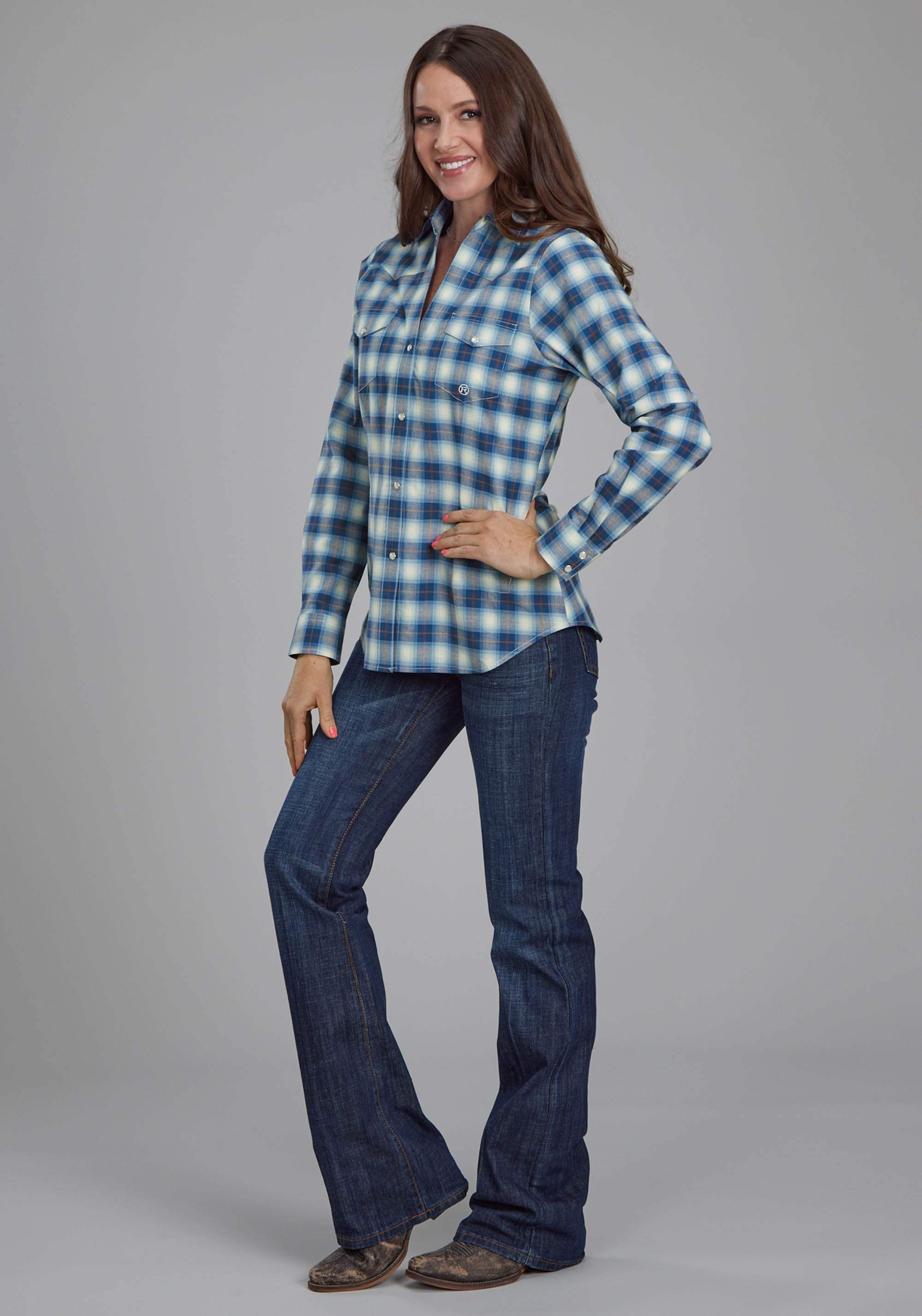 Roper Womens Stretc Plaid - Blue Long Sleeve Snap Western Shirt - Roper - Flyclothing LLC