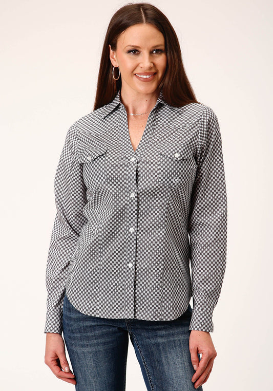 Roper Womens Long Sleeve Button Diamond Star Geo  Grey Western Shirt - Roper
