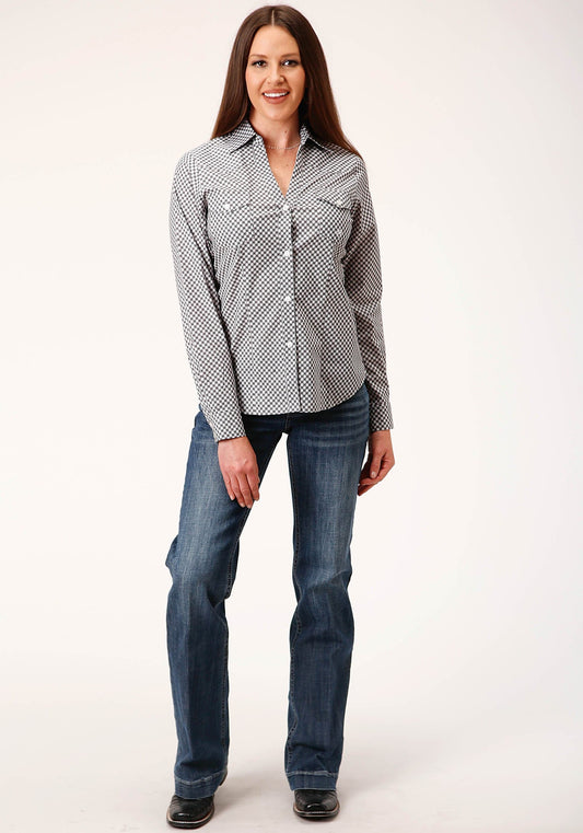 Roper Womens Long Sleeve Button Diamond Star Geo  Grey Western Shirt - Roper