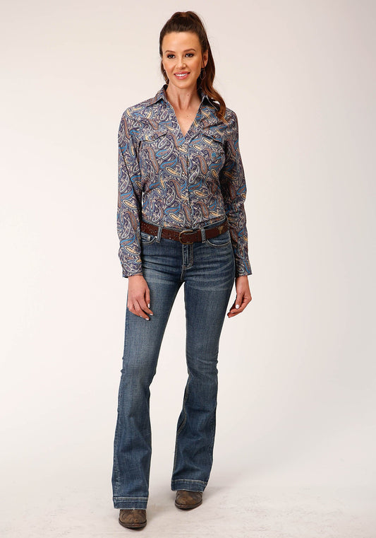 Roper Womens Long Sleeve Button Royal Paisley Western Shirt - Roper