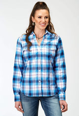 Roper Womens Long Sleeve Button Stretch Poplin Blue Plaid Western Shirt - Roper - Flyclothing LLC