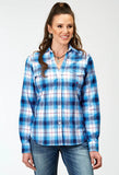 Roper Womens Long Sleeve Button Stretch Poplin Blue Plaid Western Shirt - Roper
