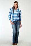 Roper Womens Long Sleeve Button Stretch Poplin Blue Plaid Western Shirt - Roper