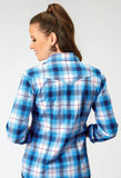 Roper Womens Long Sleeve Button Stretch Poplin Blue Plaid Western Shirt - Roper