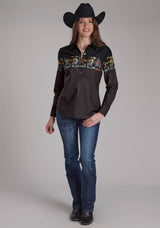 Roper Womens Scribble Bullriders Border Scenic Long Sleeve Snap Western Shirt