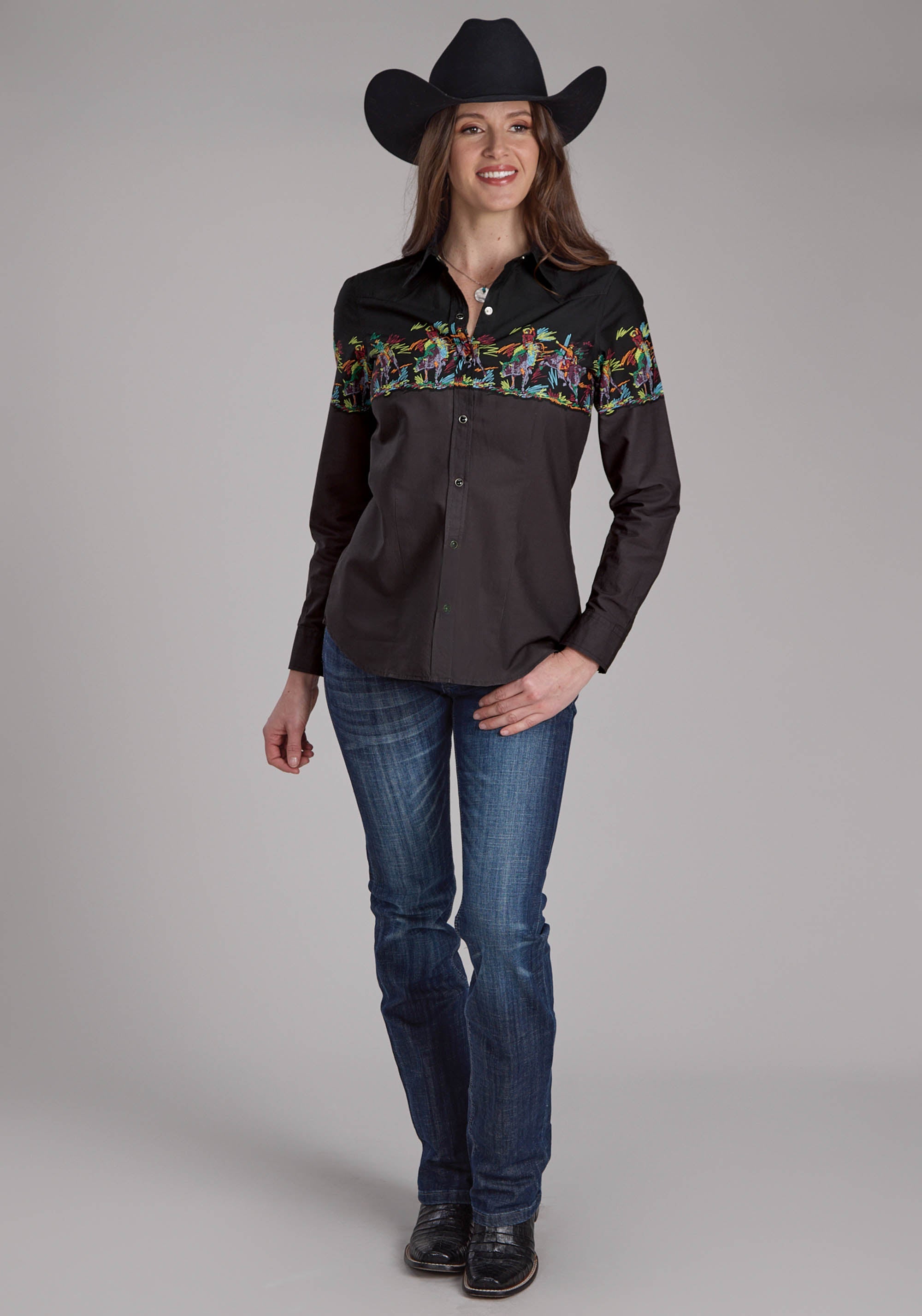 Roper Womens Scribble Bullriders Border Scenic Long Sleeve Snap Western Shirt