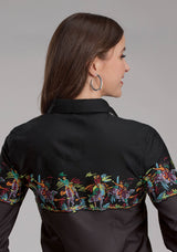 Roper Womens Scribble Bullriders Border Scenic Long Sleeve Snap Western Shirt