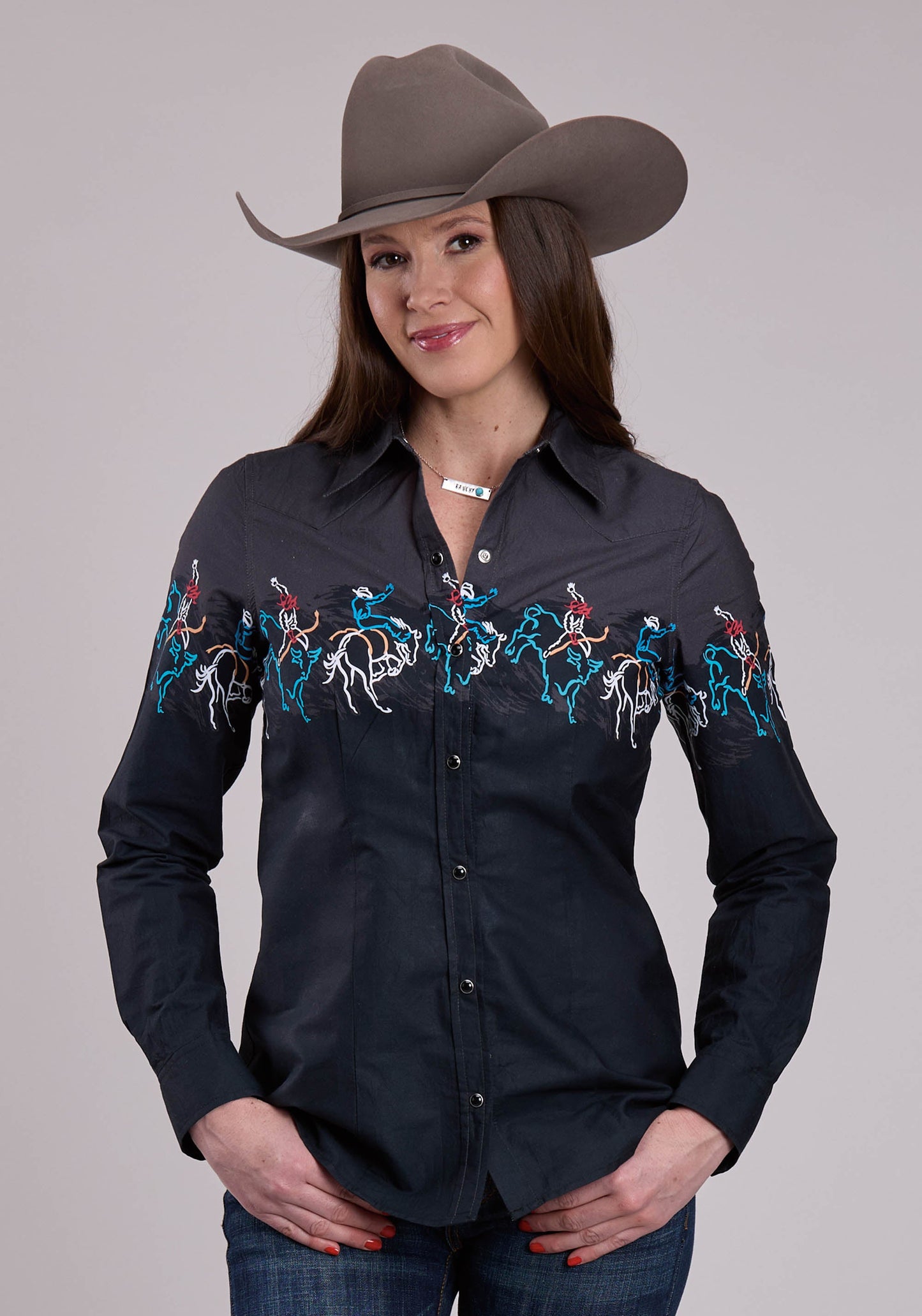 Roper Womens Long Sleeve Snap Painterly Rodeo Border Scenic Print West