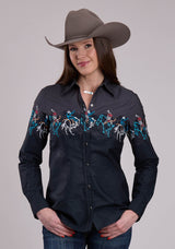 Roper Womens Long Sleeve Snap Painterly Rodeo Border Scenic Print West