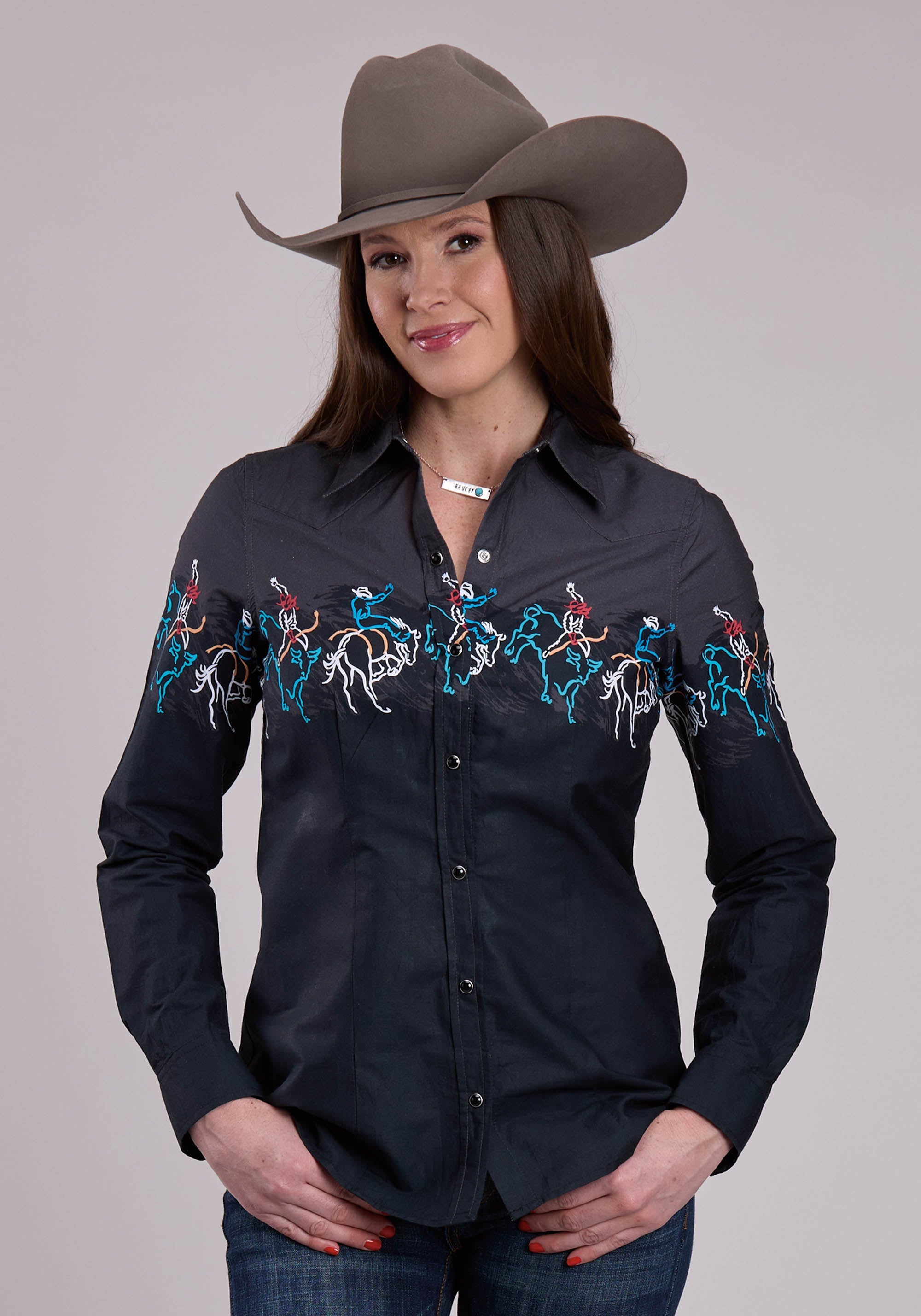 Roper Womens Long Sleeve Snap Painterly Rodeo Border Scenic Print West