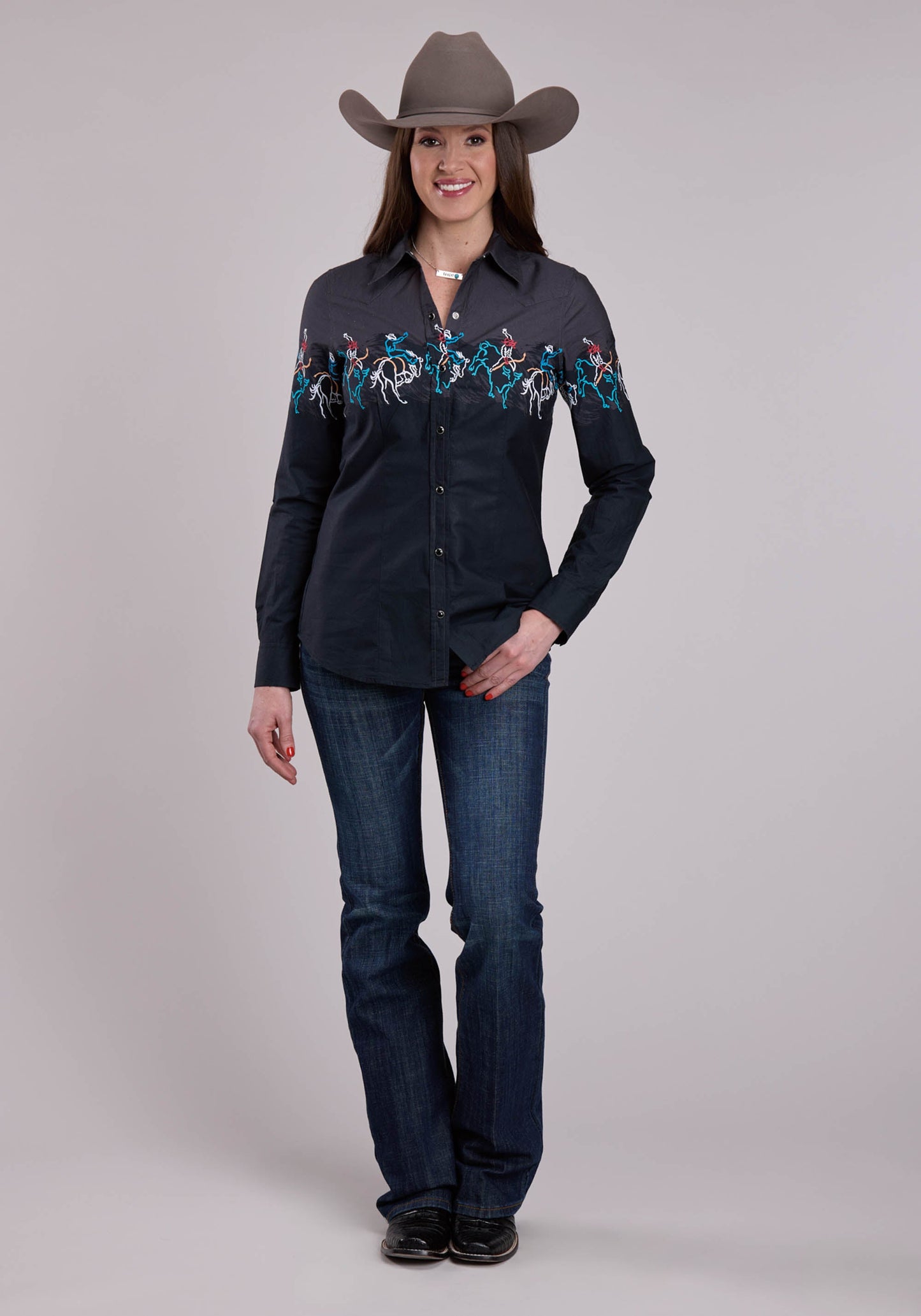 Roper Womens Long Sleeve Snap Painterly Rodeo Border Scenic Print Western Shirt
