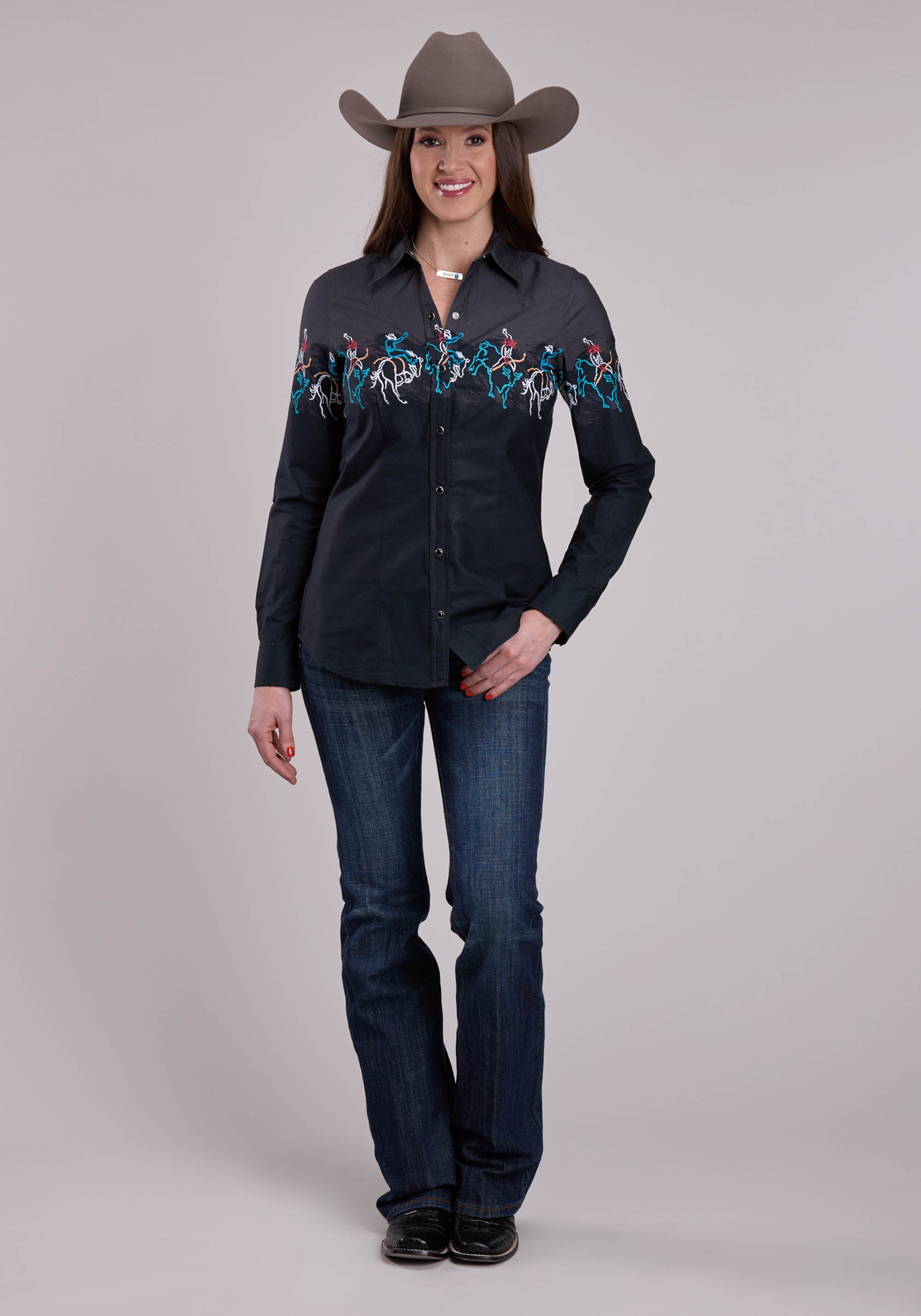 Roper Womens Long Sleeve Snap Painterly Rodeo Border Scenic Print Western Shirt