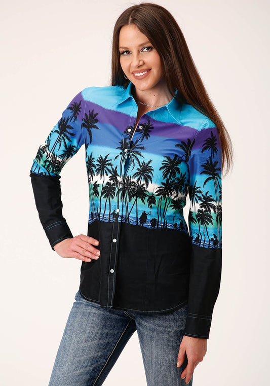 Roper Womens Long Sleeve Snap Beach Roundup Border Western Shirt - Roper